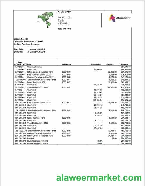 UK Atom Bank account statement Word and PDF template